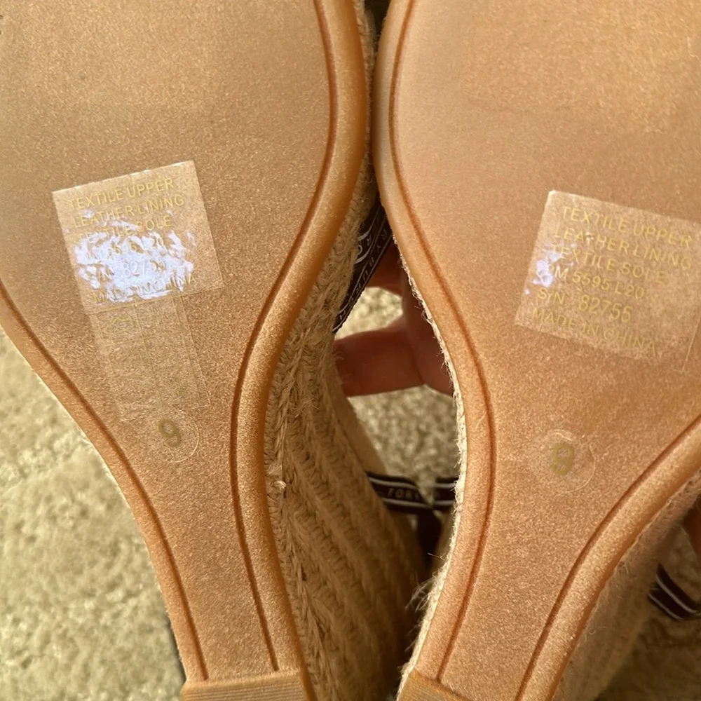 NEW Tory Burch Ribbon Strappy Wedge Espadrille Platform Sandals Navy Cream Tan 9